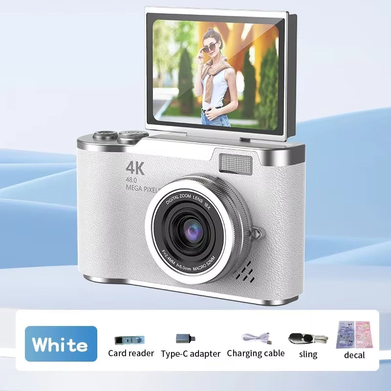 4K CCD 8X Digital Zoom Digital Camera for Student 48MP Compact Digital Photography Camera 180°Flip Screen Selfile Camera