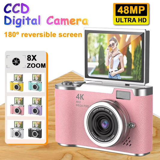 4K CCD 8X Digital Zoom Digital Camera for Student 48MP Compact Digital Photography Camera 180°Flip Screen Selfile Camera