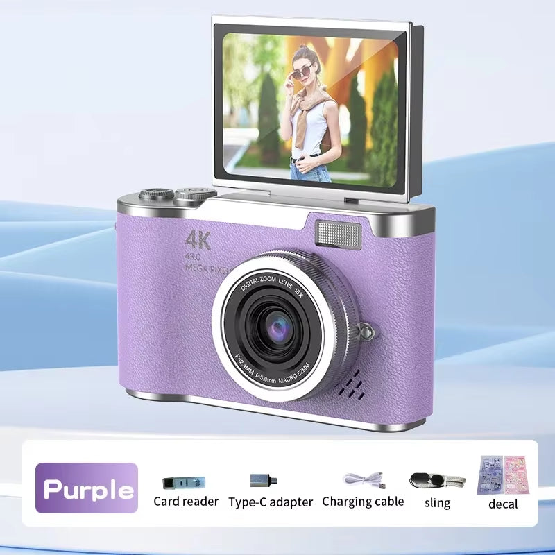 4K CCD 8X Digital Zoom Digital Camera for Student 48MP Compact Digital Photography Camera 180°Flip Screen Selfile Camera