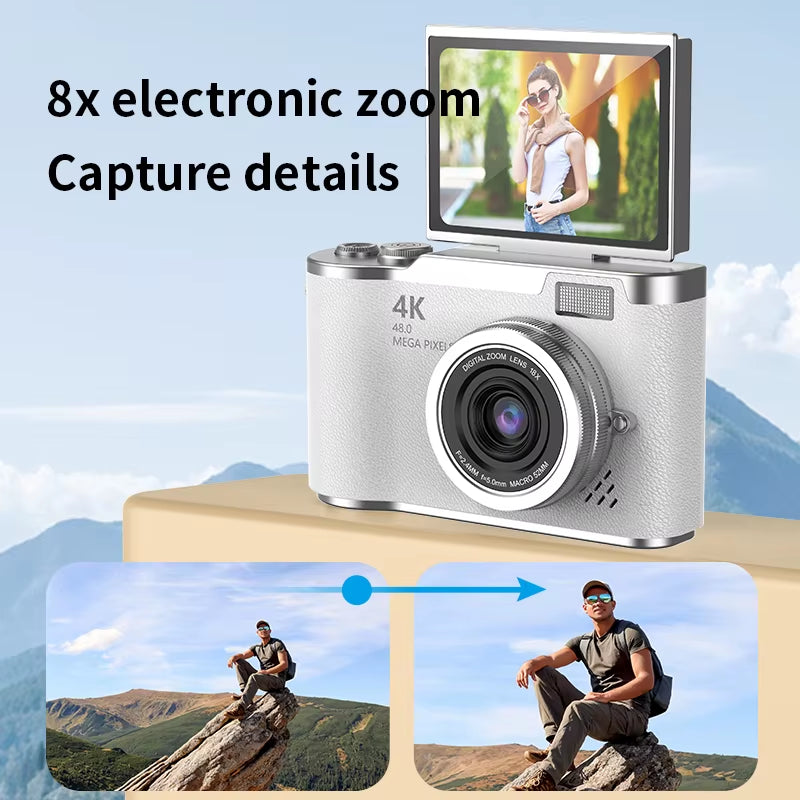 4K CCD 8X Digital Zoom Digital Camera for Student 48MP Compact Digital Photography Camera 180°Flip Screen Selfile Camera